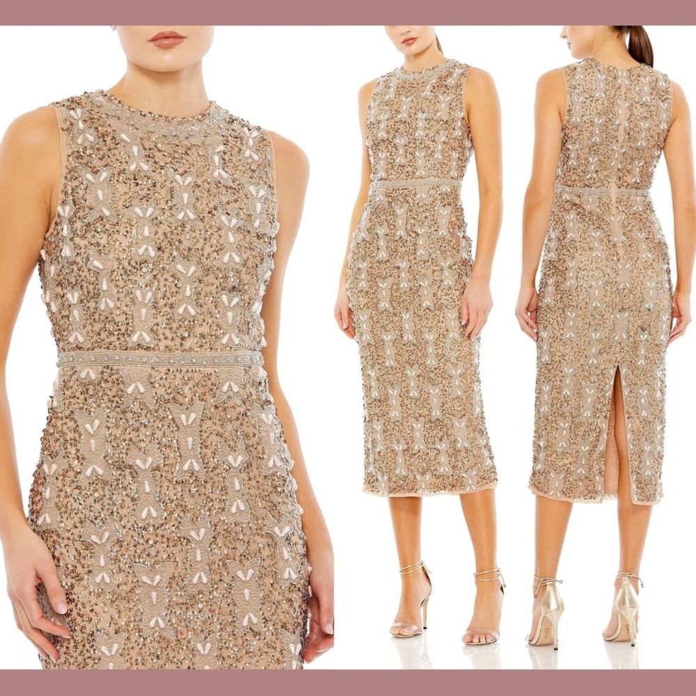 NWT$598 Mac Duggal [ 8 ] Pearl Embellished High Neck Sleeveless Midi Dress Coppe